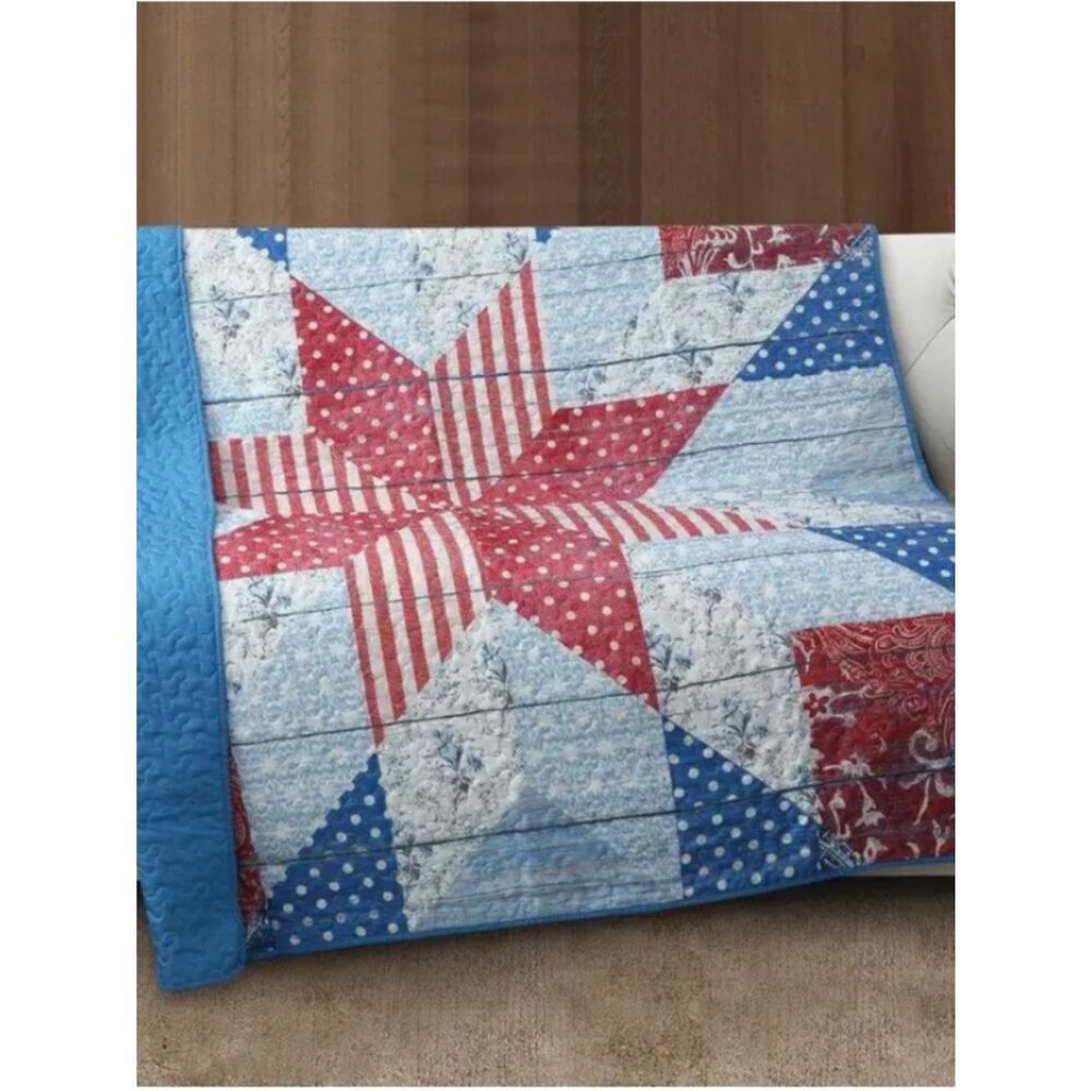 Vintage Style Liberty Star Printed Quilted Throw Blanket Americana Patriotic